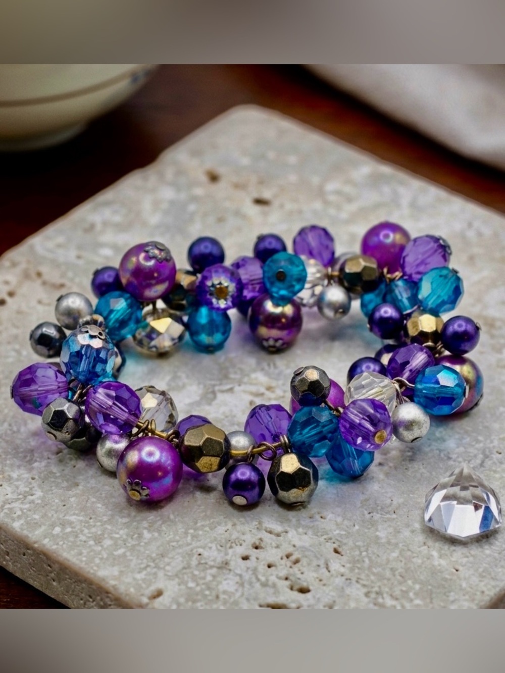 Purple Blue Crystal Cluster Bracelet | Stretch Beaded Statement Bracelet
